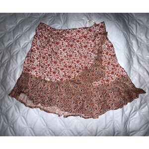 SIM & SAM Anthropologie Wrap Peach Floral Mini Skirt Women’s Size Large NWT MINT